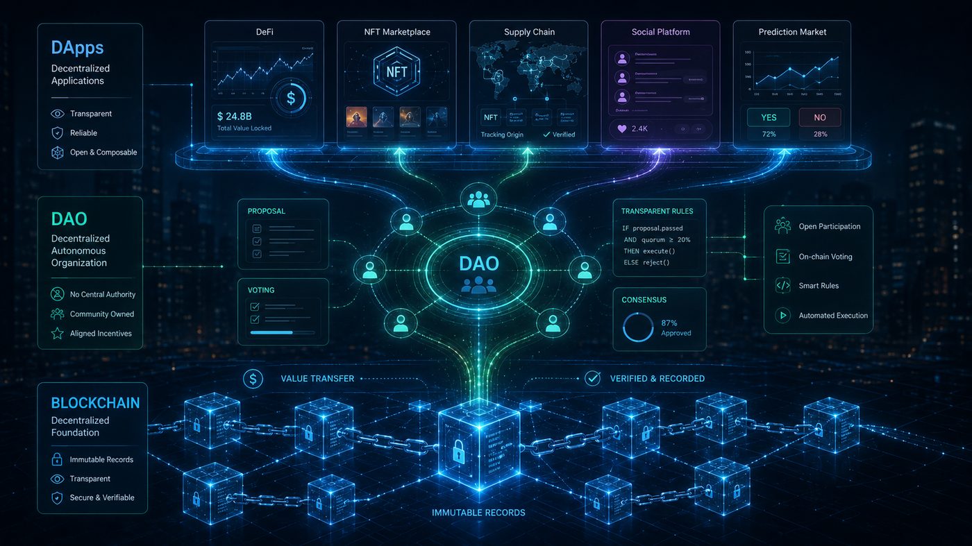 DAOと分散型アプリケーションを表すブロックチェーンのビジュアル