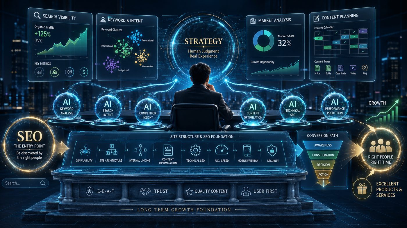 SEO・検索意図・コンテンツ設計を表すマーケティングのビジュアル